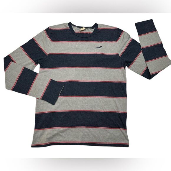 Vintage Hollister Soft Long Sleeve Gray Blue Striped T Shirt Men’s Size Medium - Picture 1 of 8